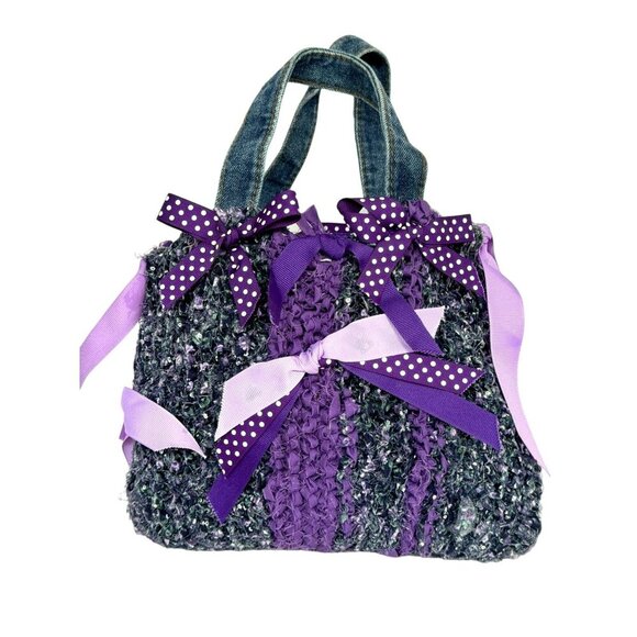 Handcrafted Purple & Denim Ribbon Bow Crochet Handbag Mini Tote OOAK - Picture 7 of 7